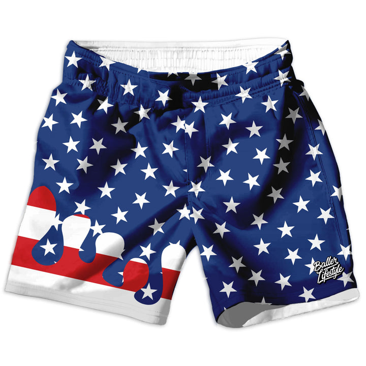 Red White and Blue Drip swim trunks