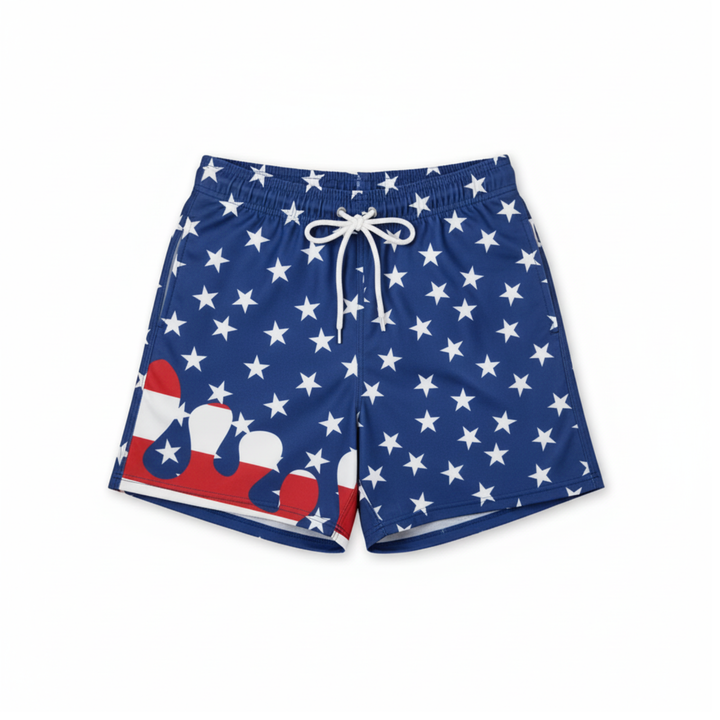 Red White and Blue Drip swim trunks